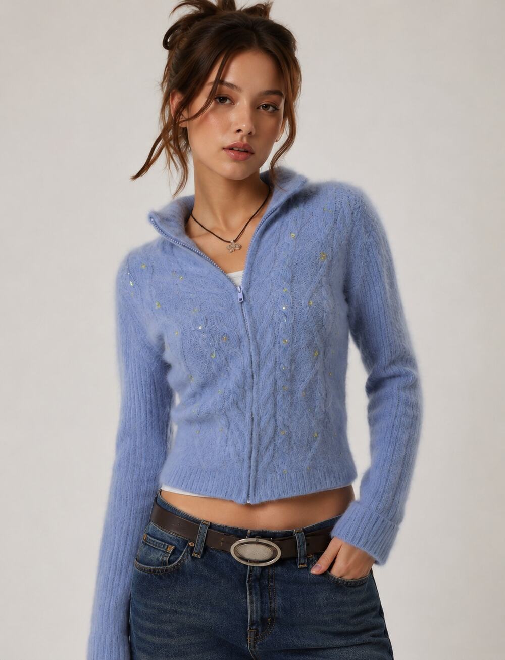 Vintage Y2K Kenzie Angora Cable Knit Zip Cardigan Blue Sequin Sweater M